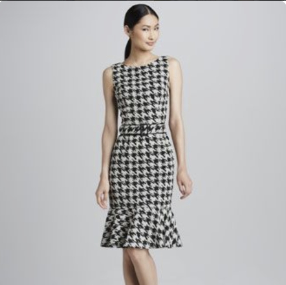 DAVID MEISTER Bodycon Peplum Houndstooth Belt Dress Dark Blue Grey size 6